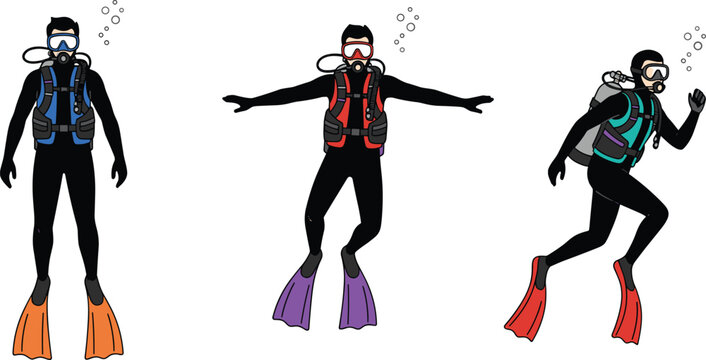 Vector illustration of scuba divers underwater in colorful gear with masks, fins, air tanks, and bubbles showing diving activity