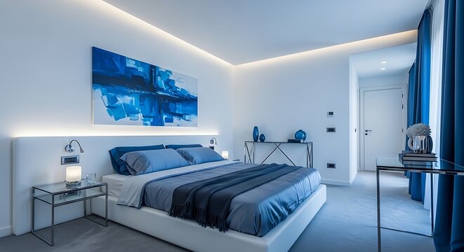 Modern bedroom interior with blue accents.