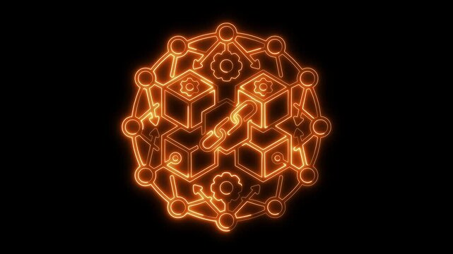 Futuristic Blockchain Network Connection with Digital Cubes, Data Flow, Cyber Security and Decentralized Technology Concept in Neon Blue on Dark Background