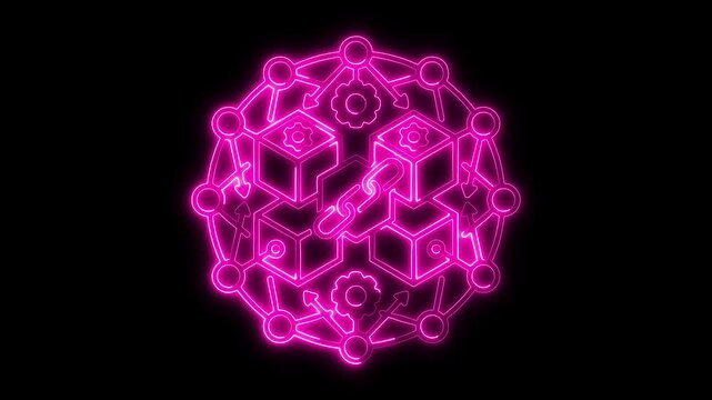 Futuristic Blockchain Network Connection with Digital Cubes, Data Flow, Cyber Security and Decentralized Technology Concept in Neon Blue on Dark Background