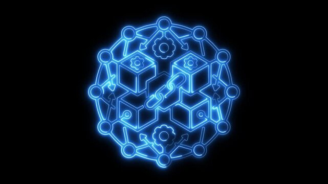 Futuristic Blockchain Network Connection with Digital Cubes, Data Flow, Cyber Security and Decentralized Technology Concept in Neon Blue on Dark Background