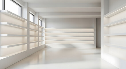 Obraz premium Modern minimalist white interior with empty illuminated shelves and large windows a clean showroom or gallery space design