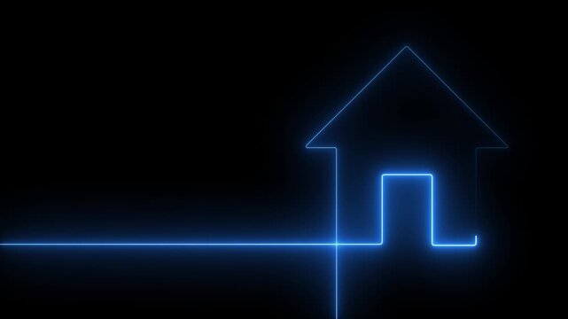 Neon line home icon. Neon line Cool linear animated home icon. House icon glowing neon light. Elegant animation features a hand drawn cottage forming from one uninterrupted neon line.