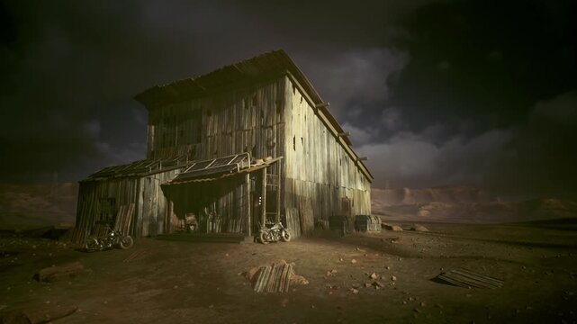 Lonely barn under purple twilight sky, wide view with rolling dust, warped siding and faint lantern glow, cinematic suspense and hushed rural stillness.