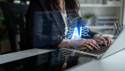 Futuristic software development concept featuring AI pair programmer, automated AI code generation,...