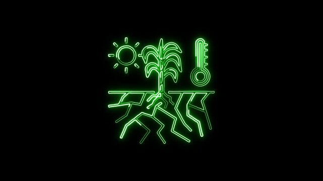 Glowing neon line drought icon with water drop animation. Environmental HD video isolated on black background.