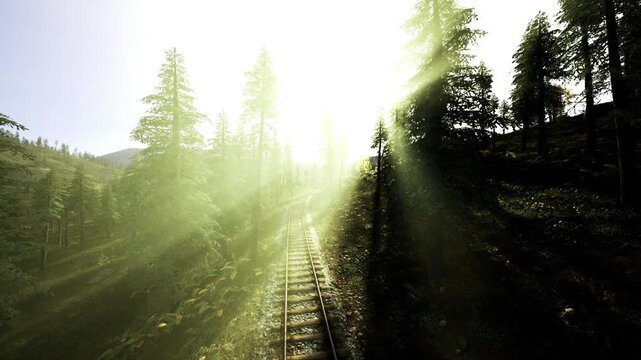 Sunbeams slicing through dense forest, misty boardwalk leading uphill with layered rays, high contrast between bright shafts and deep green canopy, rugged trail
