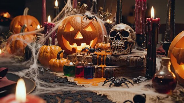 Festive dining table decorated for Halloween with carved pumpkins and candles. Gothic style interior featuring cobwebs, skull, and vintage potion bottles.