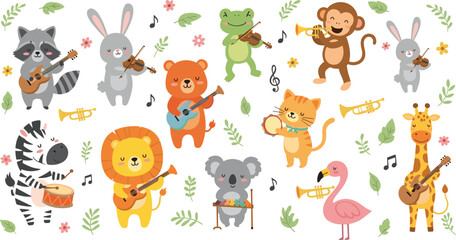 Obraz premium Playful Animals Playing Instruments Including Guitars, Drums, Trumpets, and Violins for Digital Design
