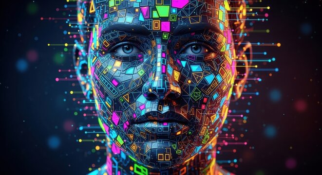 A futuristic digital portrait of a human face with vibrant neon circuits and microchips embedded in the skin