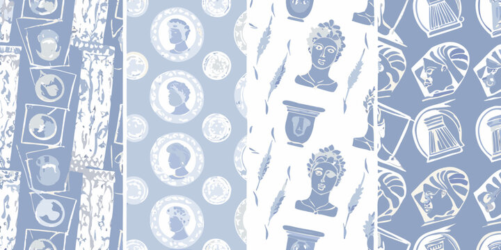 Blue and white neoclassical portrait and artifact patterned fabric design
