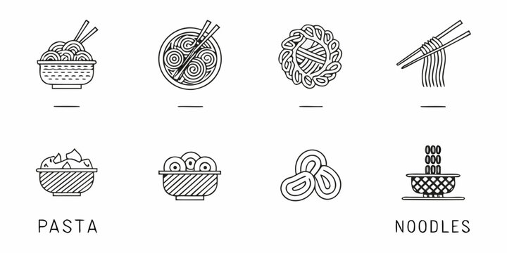Line art illustrations of various pasta and noodle dishes displayed neatly