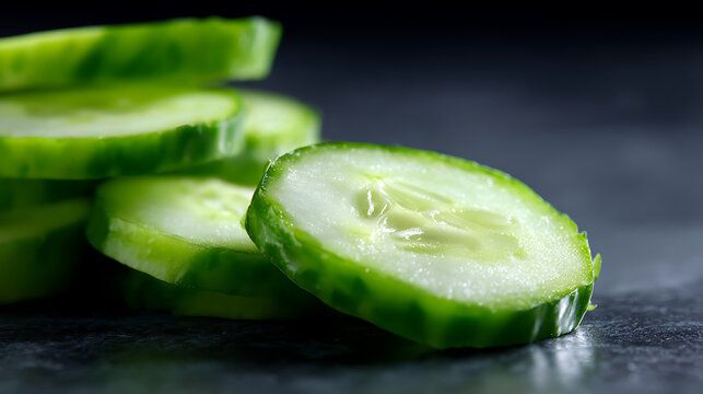 Freshly sliced cucumber arranged artfully, revealing its crisp texture and vibrant color