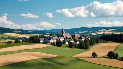 Naklejka premium Serene village nestled among rolling green hills