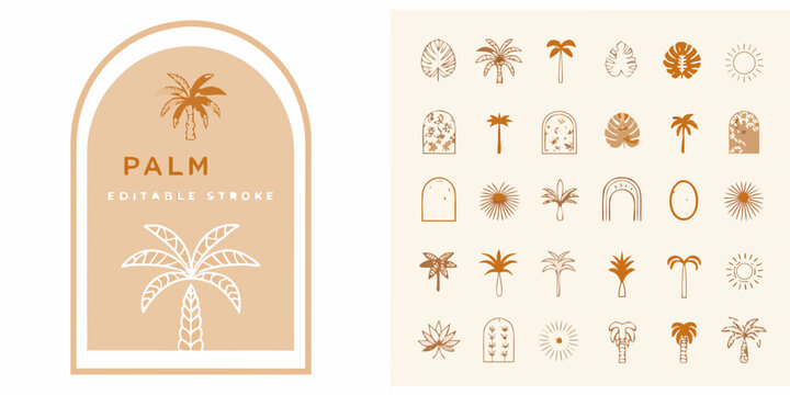 Boho palm leaf and arch illustrations with editable stroke design elements