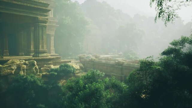 Overgrown stone terraces reclaimed by jungle, roots and vines threading through weathered blocks, layered platforms disappear into dense green, sense of nature