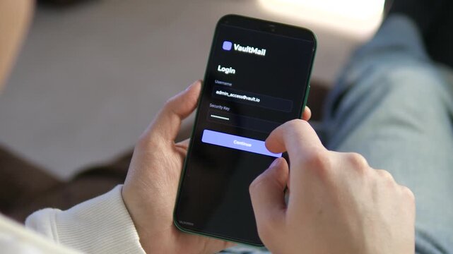 Secure mobile login interface for cybersecurity and data protection projects. Features a sleek dark mode UI with admin access credentials. Ideal for tech commercials, corporate safety ads, and digital