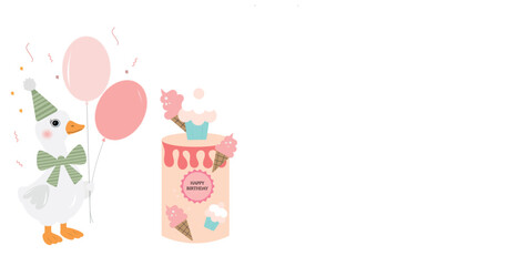 A greeting card for children featuring a goose with balloons and a cake © Hanna Ulianova