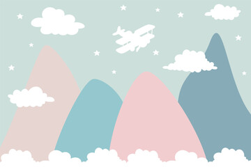 A minimalist 2D illustration of pastel pink and blue hills under a soft grey sky. A white biplane silhouette flies among fluffy clouds and small stars in a calm, stylized landscape. © Tetiana K