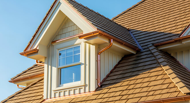 Beige house with cedar shake roof and copper gutters window roof shingles