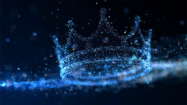 A mesmerizing display of a crown formed by sparkling particles against a dark background. The crown, a symbol of royalty, is the focal point, suggesting power and elegance