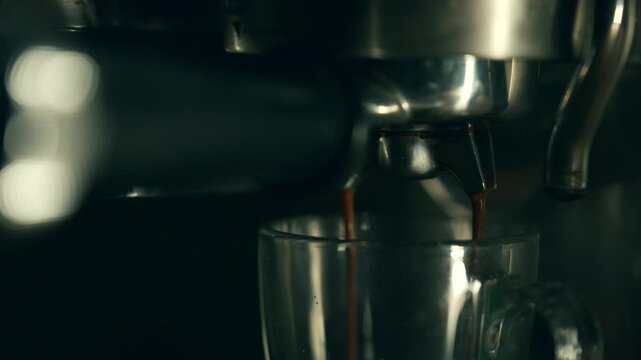 Espresso pouring from a machine into a glass cup