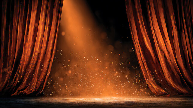 Ornate stage curtains frame an empty stage, illuminated by a spotlight, creating a dramatic atmosphere