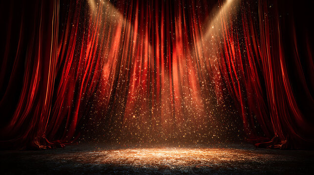 A red stage curtain with spotlight, the performance is about to begin