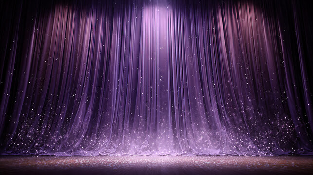 Dramatic purple curtains illuminated by stage lighting, creating an atmosphere of anticipation