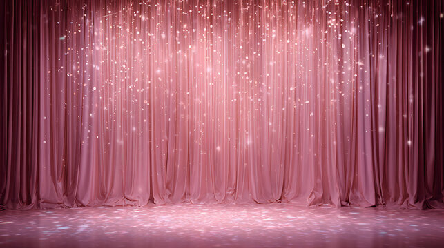 A captivating stage illuminated by a pink light, curtain draped. The shimmering effect adds a touch of enchantment and allure.
