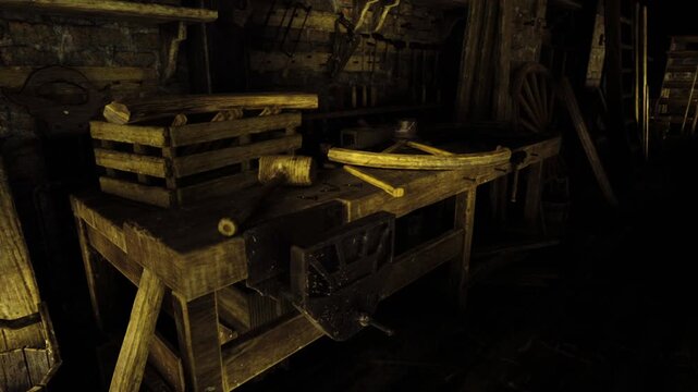 Dark rustic workbench with tools scattered, wooden mallets and chisels resting on aged plank, sawdust dust motes in low warm light, atmospheric decay of unused