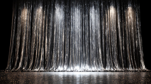 Elegant silver curtain dramatically lit, ready to reveal a show