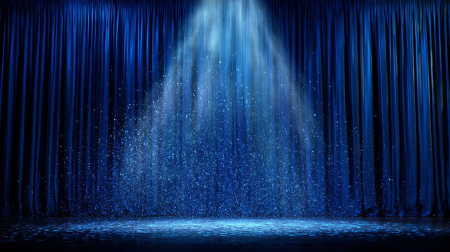 A stage with blue curtain under a spotlight with particle light. The stage is empty, waiting for the performance to begin. The atmosphere is mysterious and intriguing