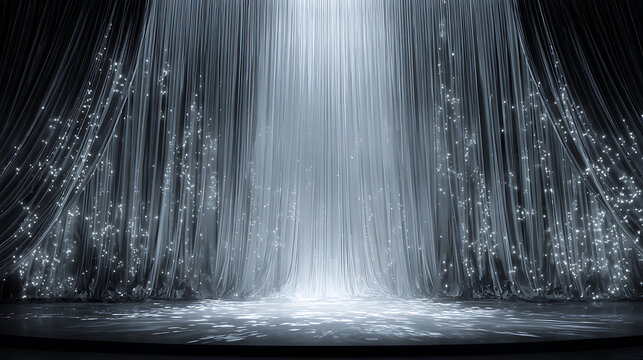 A stage curtain under bright spotlight in the theater. The theater atmosphere evokes a sense of anticipation and drama, with soft focus