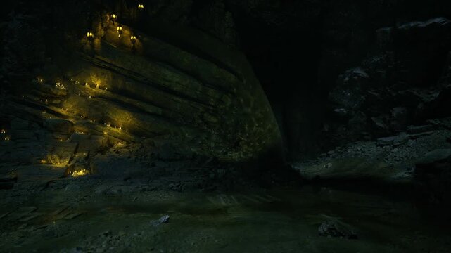 Luminous alcove dotted with glowing spores, slimy fungal carpets clinging to stone and faint golden pockets of light in silent subterranean hollow.