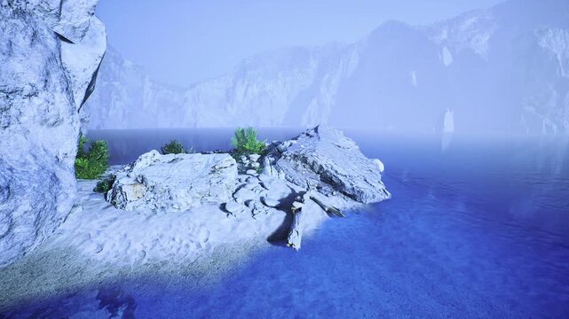 Windswept shrub on limestone ledge overlooking calm surf, textured rock eroded by sea and wind. Tiny green pockets contrast pale stone inspirational motif