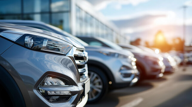 Close up of a row of new SUV vehicles parked in a bright car dealership lot viewed from a low angle the nearest vehicle's front bumper and grille in sharp detail with polished