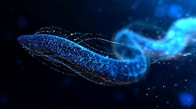 A blue, ethereal, and unique illustration of an eel in the ocean, with its sleek, serpentine body gliding through the water