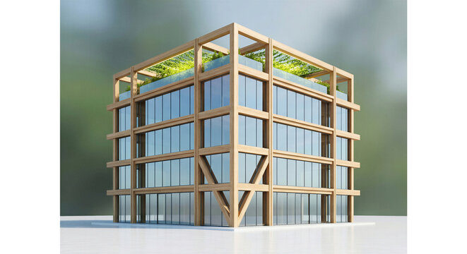 Modern Multi-Story Mass Timber Office Building with CLT Structure, Glass Facade, and Green Rooftop Garden, Sustainable Architectural Visualization
