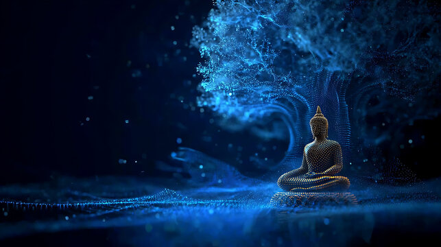 Serene Buddha statue in deep meditation under a glowing tree, with a mystical ambiance and atmosphere