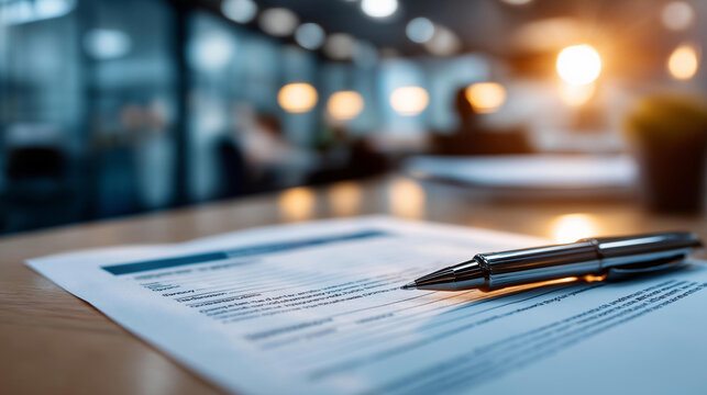 Close up of a printed rental lease agreement form lying flat on a bright office desk the form showing clean printed fields for tenant and landlord information monthly rent