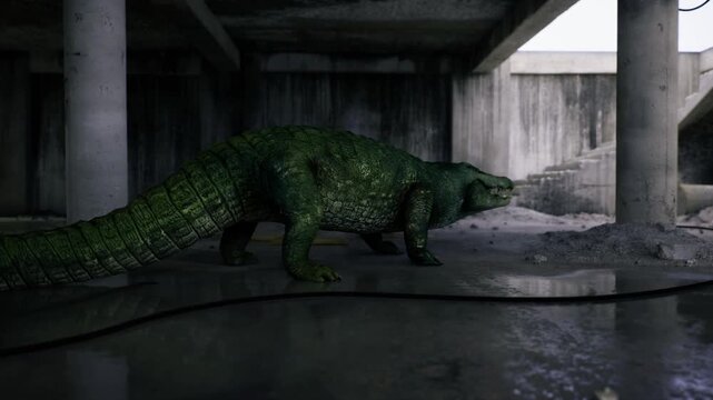 Moss crocodile explores reclaimed concrete habitat, green growth taking over industrial shell, resilient creature navigating puddles and debris, visual
