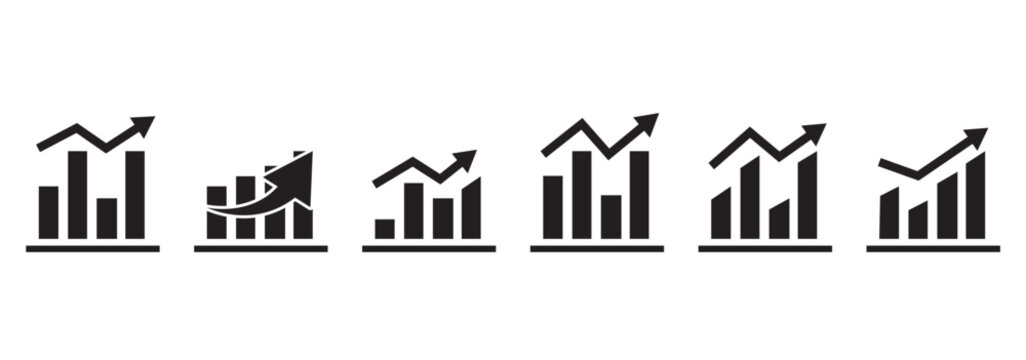 Business success growth arrow icon vector isolated on white background. Growing bar chart icon set.  glyph graph bar. Containing arrow up, growing graph, business chart icons.