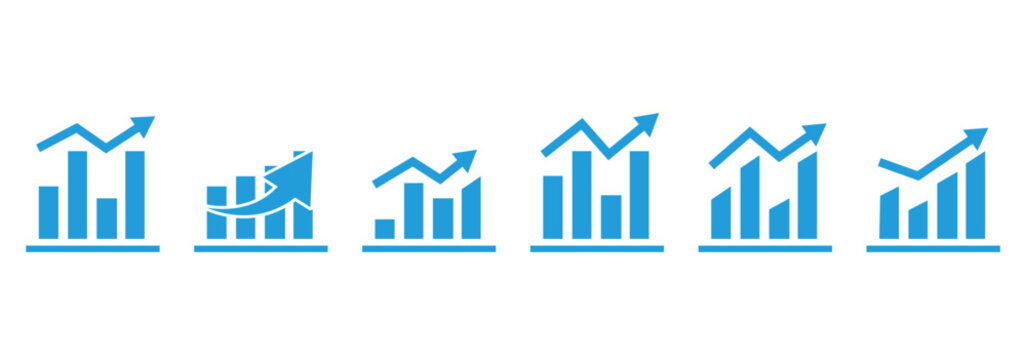 Growing graph set. Financial profit blue line and solid icon set. Containing arrow up, growing graph. Profit growth sign. Business chart icon.
