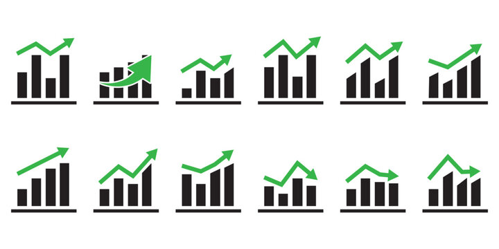 Business success growth arrow icon vector isolated on white background. Growing bar chart icon set.  glyph graph bar. Containing arrow up, growing graph, business chart icons.