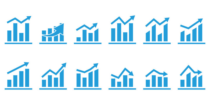 Growing graph set. Financial profit blue line and solid icon set. Containing arrow up, growing graph. Profit growth sign. Business chart icon.