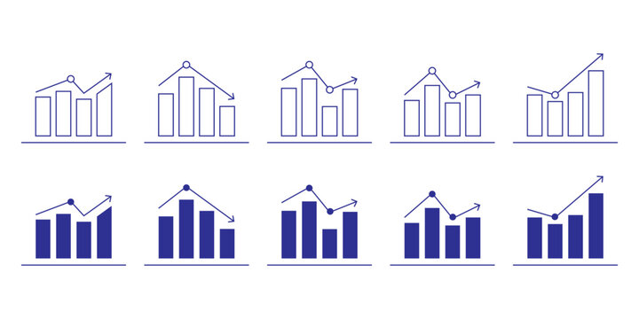 Growing graph set. Financial profit blue line and solid icon set. Containing arrow up, growing graph. Profit growth sign. Business chart icon.