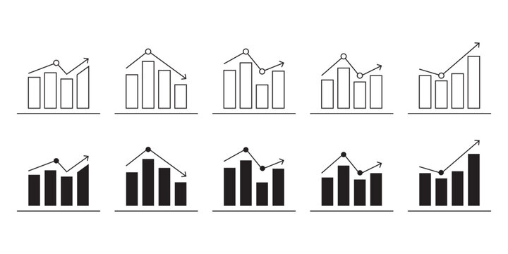 Business success growth arrow icon vector isolated on white background. Growing bar chart icon set.  glyph graph bar. Containing arrow up, growing graph, business chart icons.