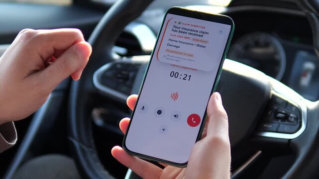 Submit insurance claims on the go with ease. Professional shot of a smartphone showing a successful home insurance claim notification in a car. Perfect for fintech, insurance apps, and digital service