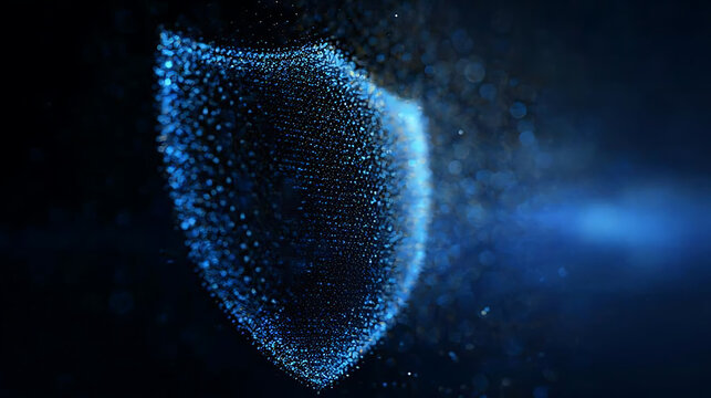 An abstract digital shield against a dark background, representing security and protection